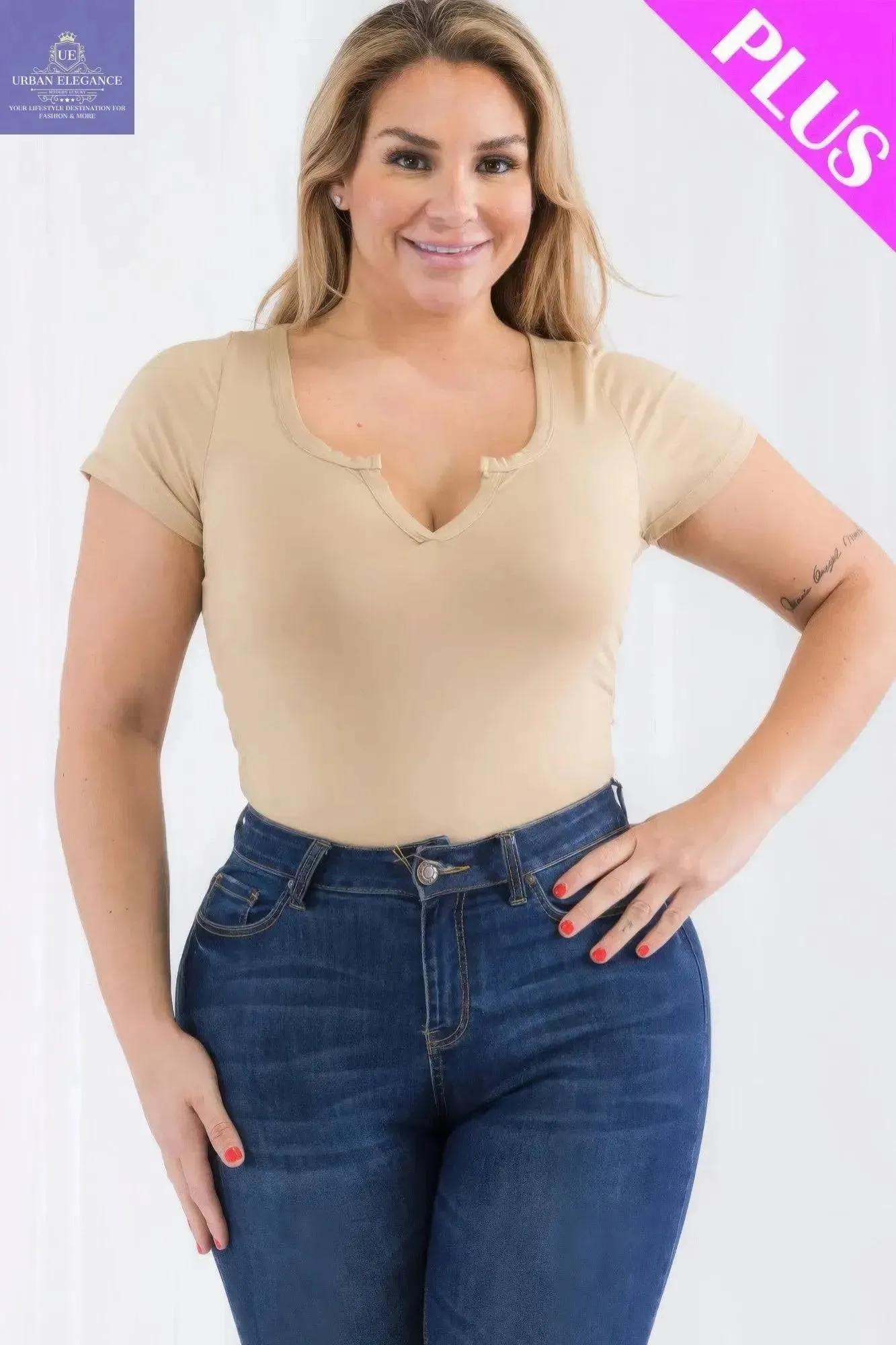 Khaki Split Neck Plus Size Bodysuit