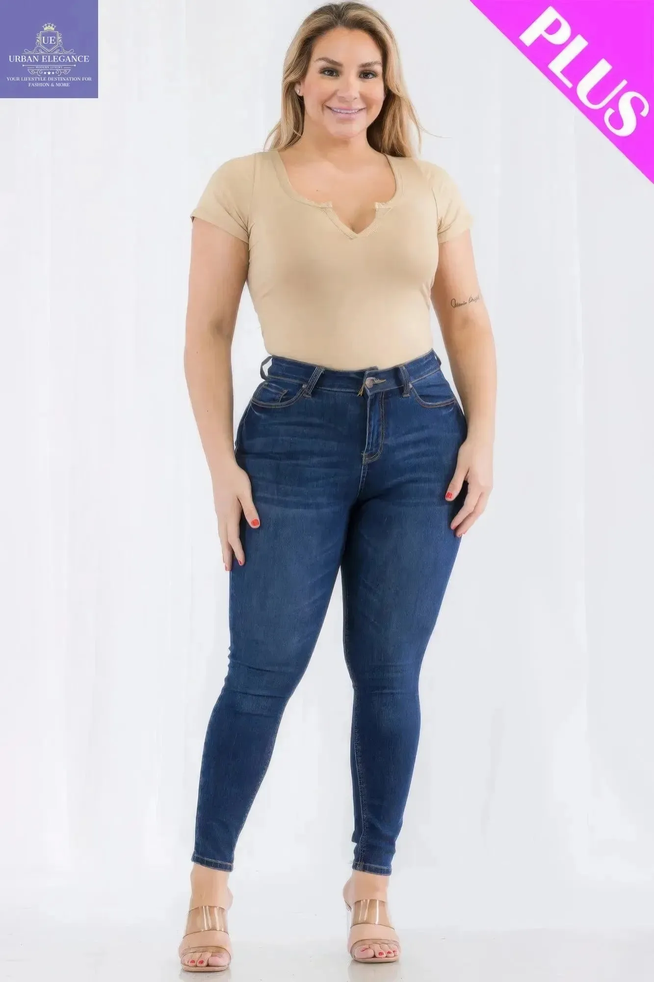 Khaki Split Neck Plus Size Bodysuit