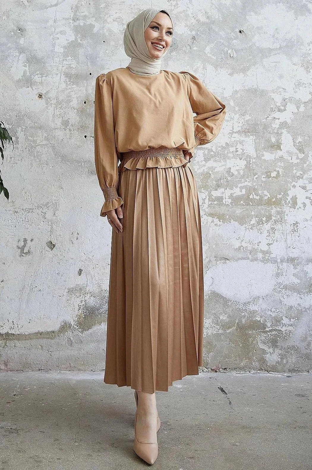 Leather Look Womens Long Maxi Skirt - Dark Beige