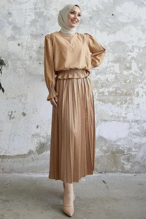 Leather Look Womens Long Maxi Skirt - Dark Beige