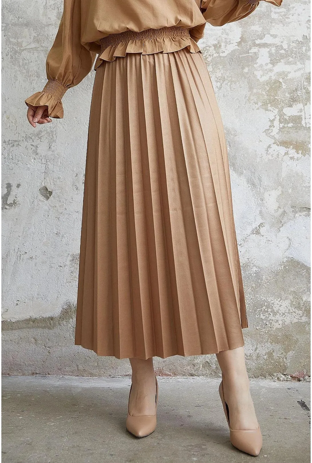 Leather Look Womens Long Maxi Skirt - Dark Beige