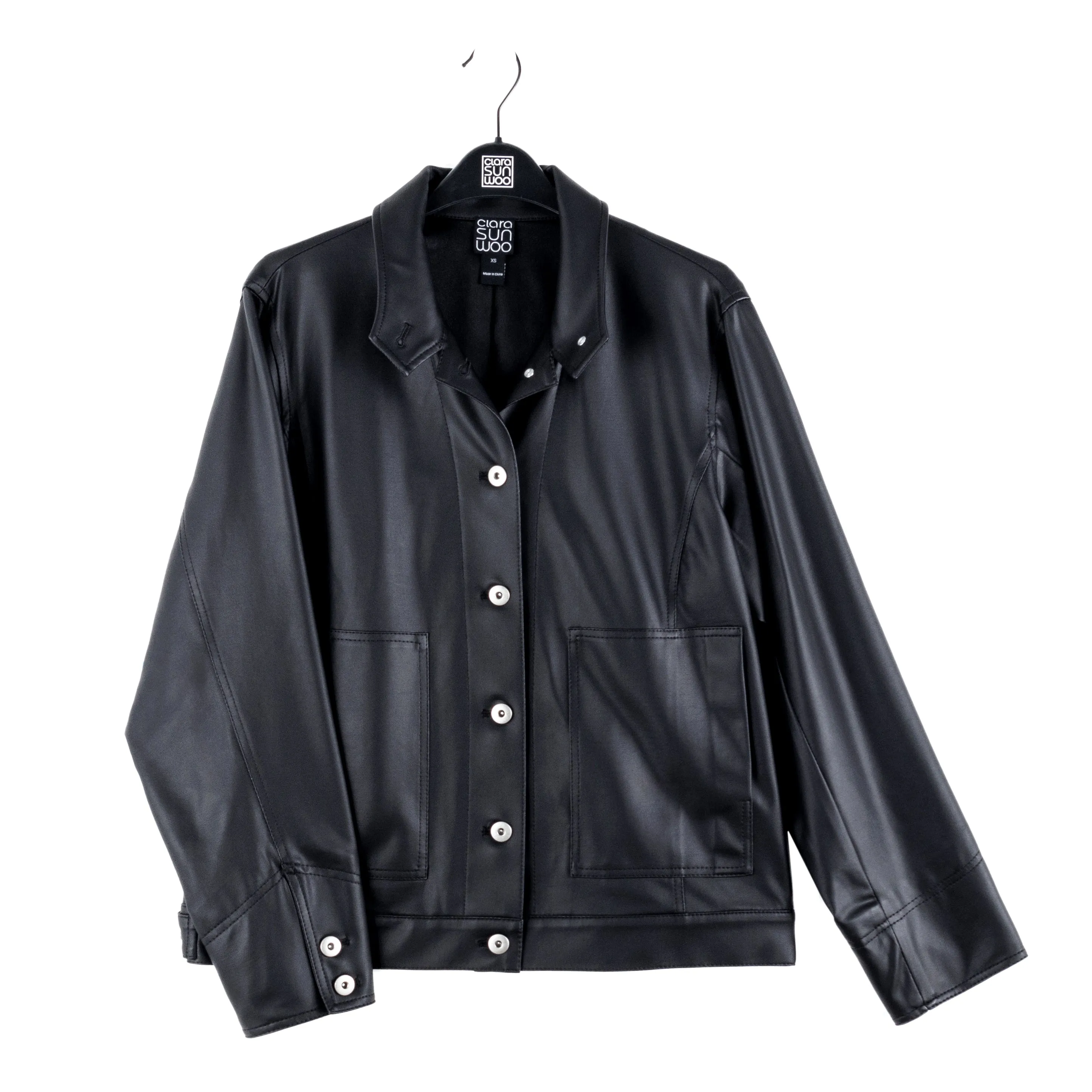 Liquid Leather™ Sheen Button Closure Pocket Jacket - Black