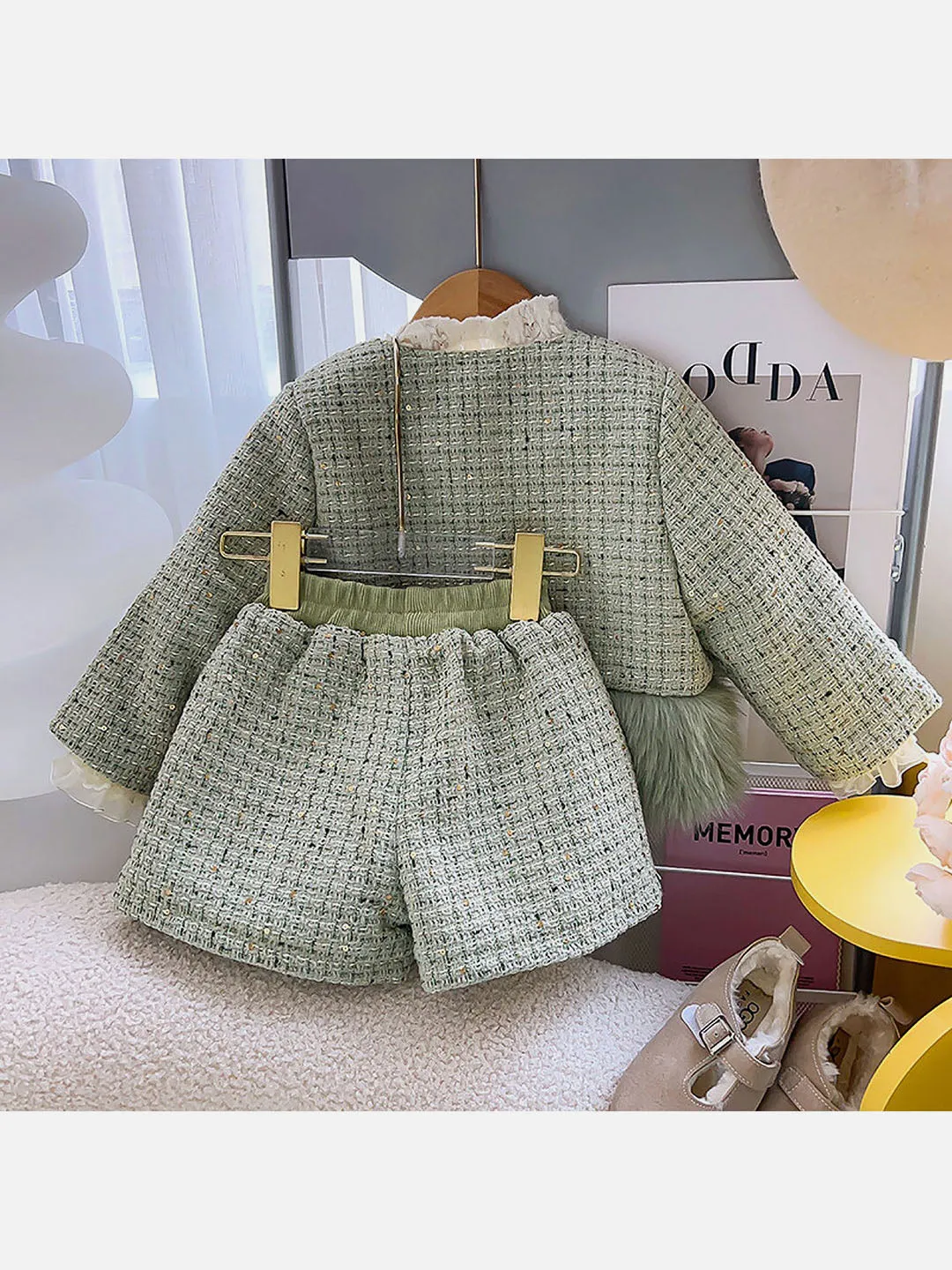 Little Surprise Box Olive  Fur Trim 2 pcs top & shorts Tweed Winterwear set for Girls-3-4Y