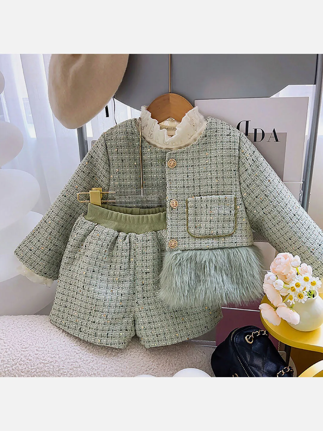 Little Surprise Box Olive  Fur Trim 2 pcs top & shorts Tweed Winterwear set for Girls-3-4Y