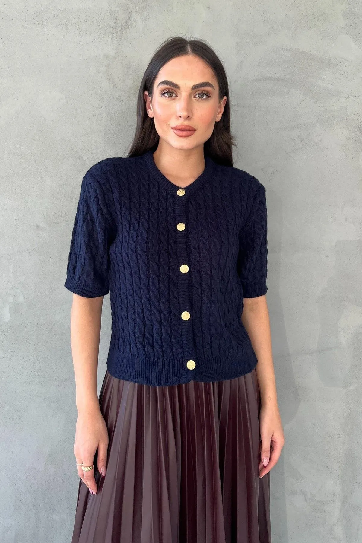 Navy Blue Hair Knitted Gold Button Detailed Knitted Cardigan