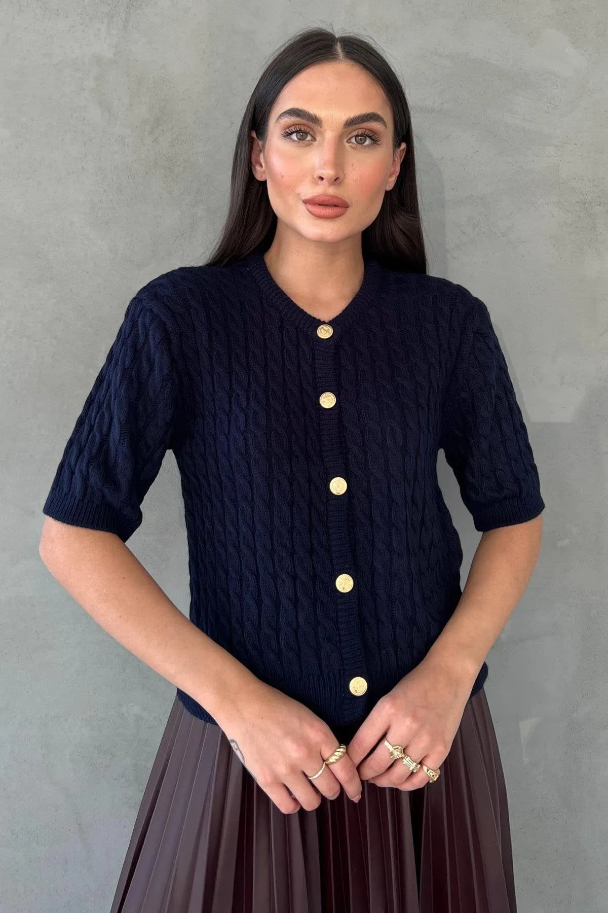 Navy Blue Hair Knitted Gold Button Detailed Knitted Cardigan