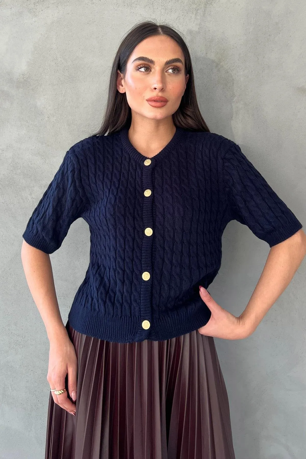 Navy Blue Hair Knitted Gold Button Detailed Knitted Cardigan