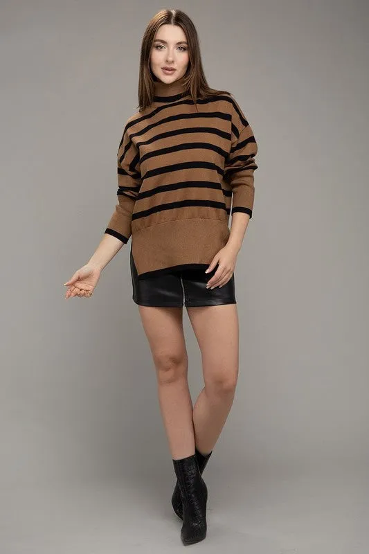 NUVI APPAREL Brown Stripe Turtleneck Knit Sweater