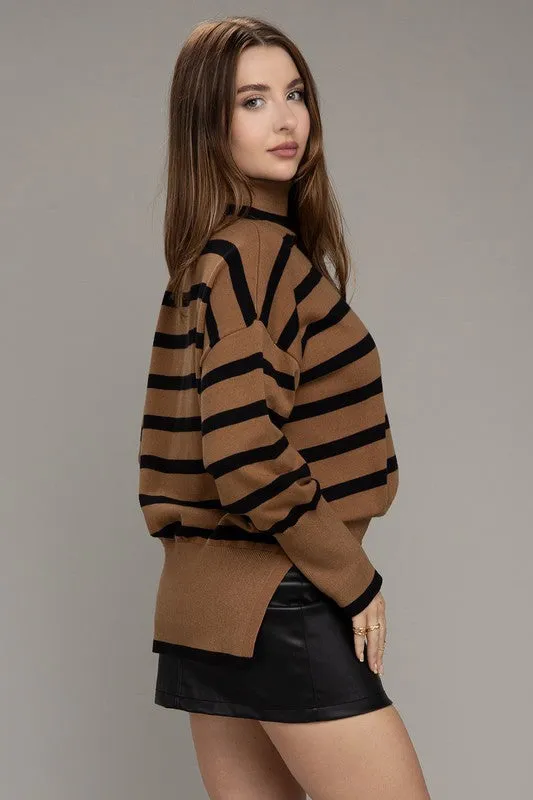 NUVI APPAREL Brown Stripe Turtleneck Knit Sweater