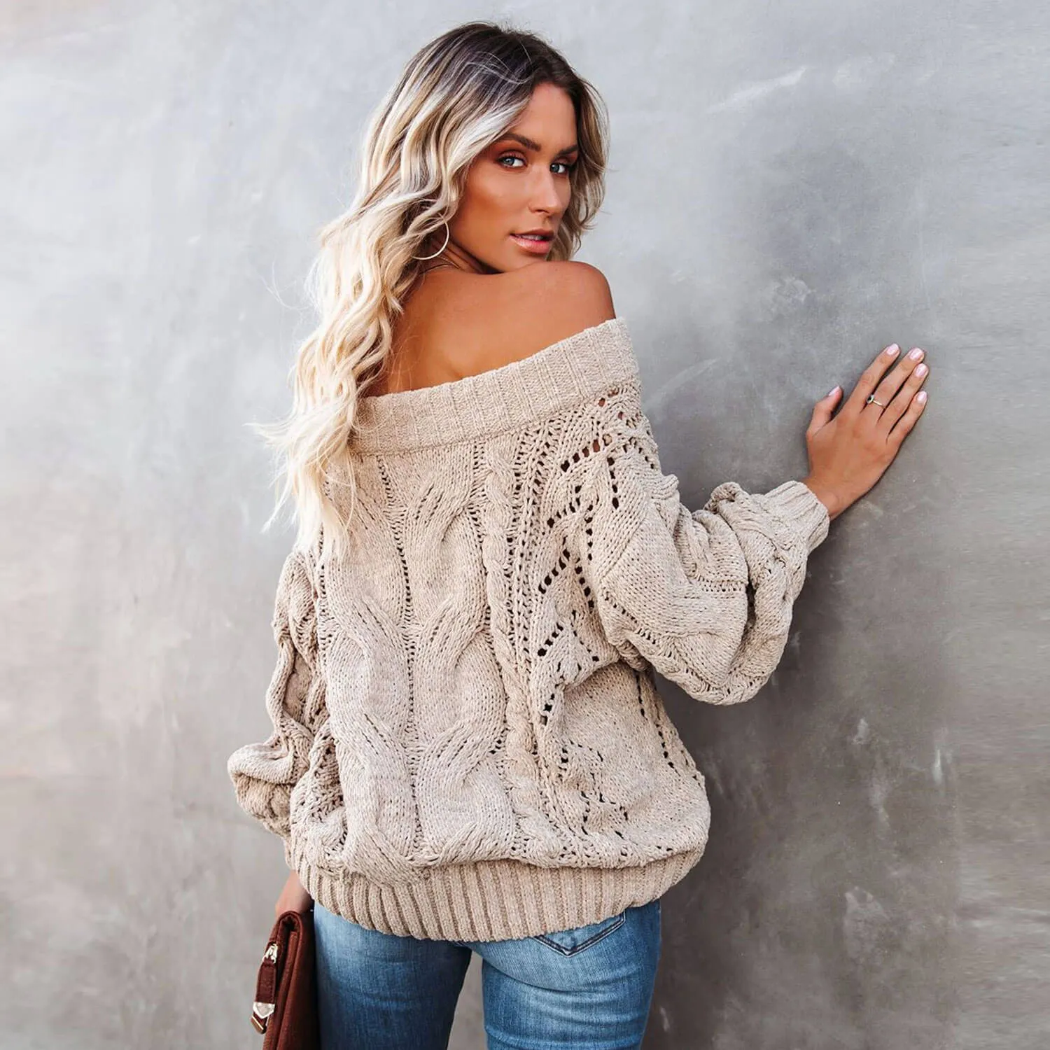 Oversized Off The Shoulder Chunky Cable Knit Pullover Sweater