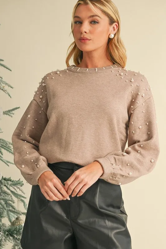 Pearl Drop Shoulder Round Neck Sweater  - Online Exclusive