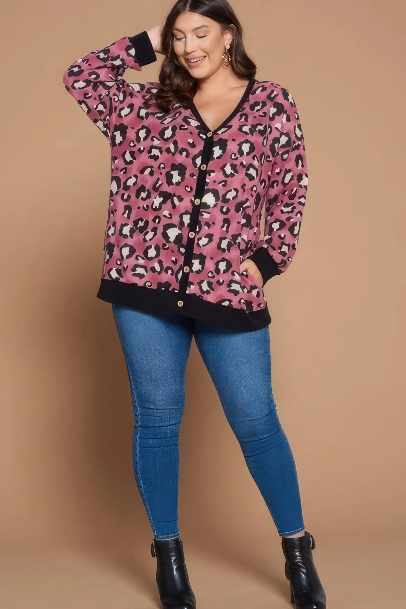 Plus Size Cozy Animal Mir Print With Brush Button Up