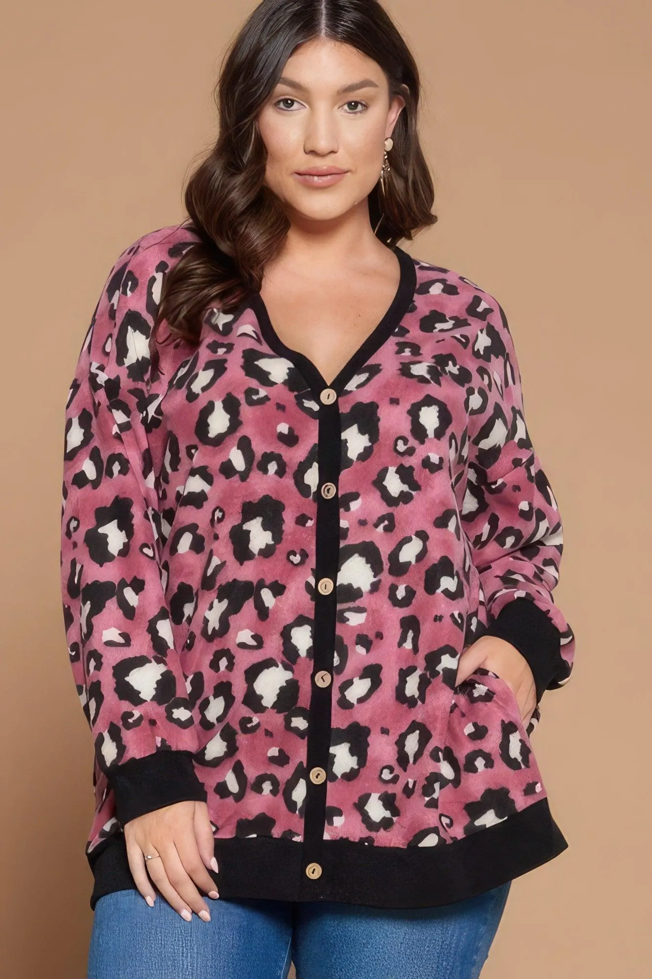 Plus Size Cozy Animal Mir Print With Brush Button Up