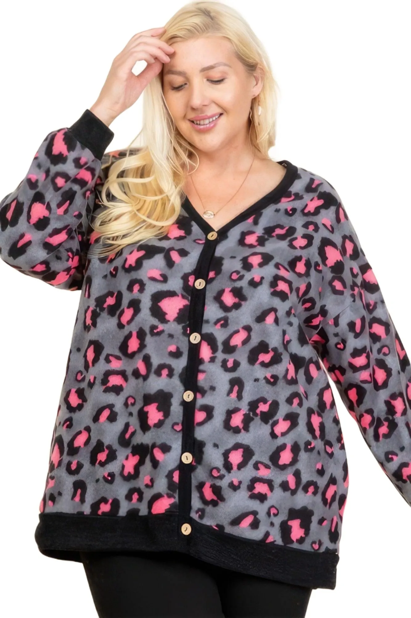 Plus Size Cozy Animal Mir Print With Brush Button Up