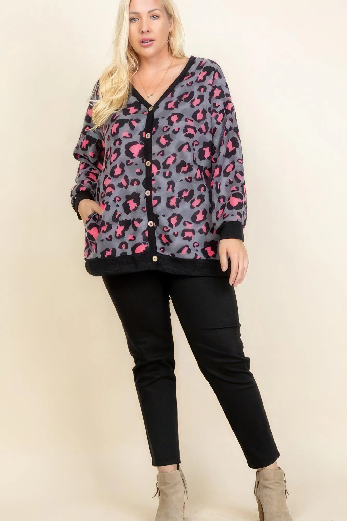 Plus Size Cozy Animal Mir Print With Brush Button Up