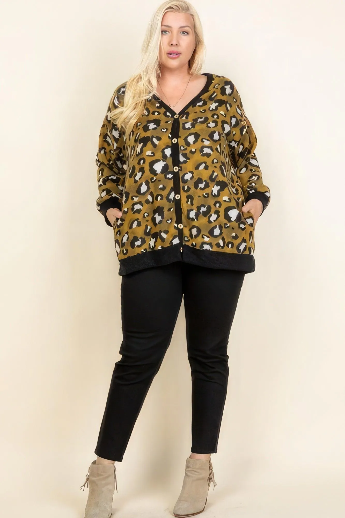 Plus Size Cozy Animal Mir Print With Brush Button Up