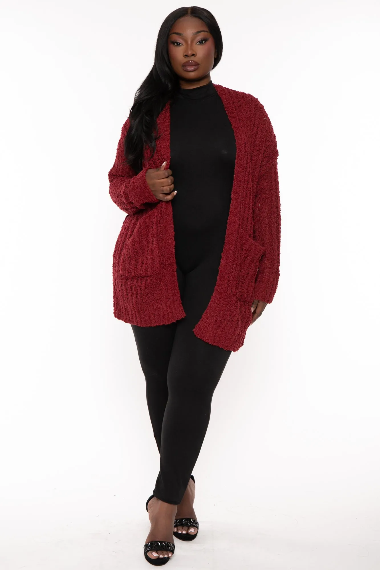 Plus Size Cozy Popcorn Cardigan - Burgundy