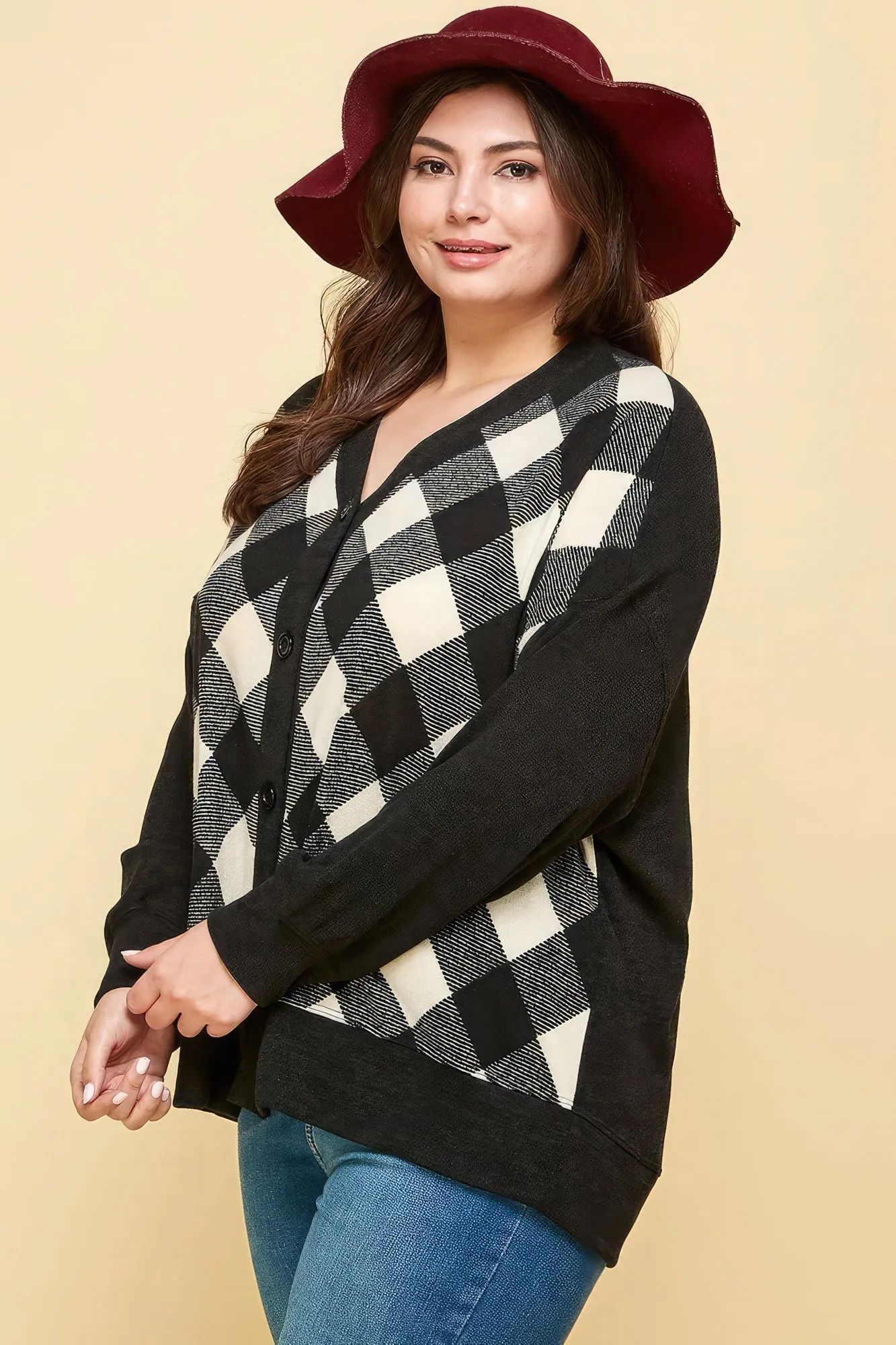 Plus Size Women Buffalo Plaid Knit Button Up Oversize Cardigan