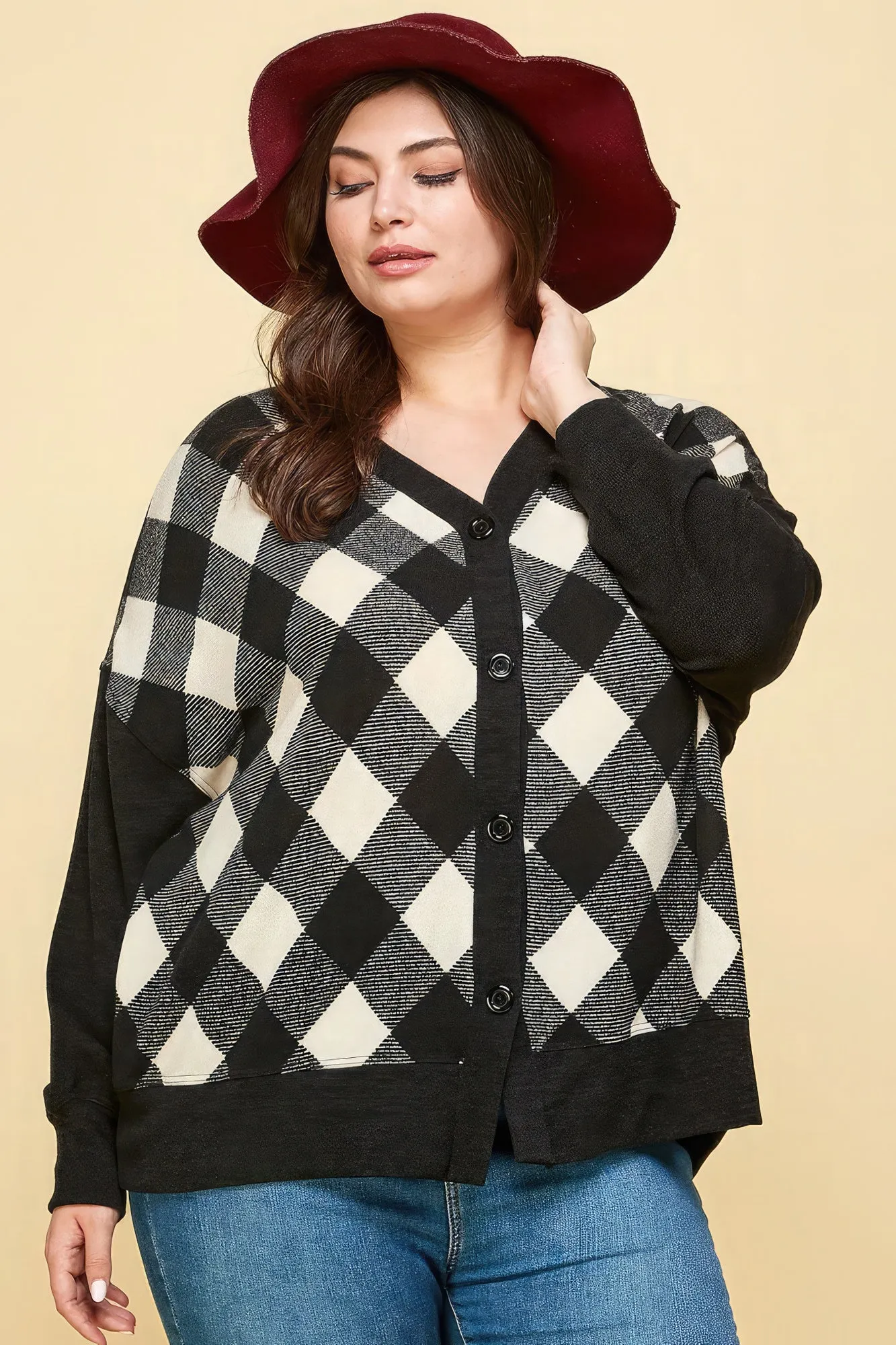 Plus Size Women Buffalo Plaid Knit Button Up Oversize Cardigan