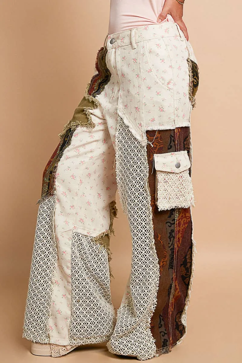 Printed patchwork detail woven twill pants: IVORY/REDBEAN MULTI