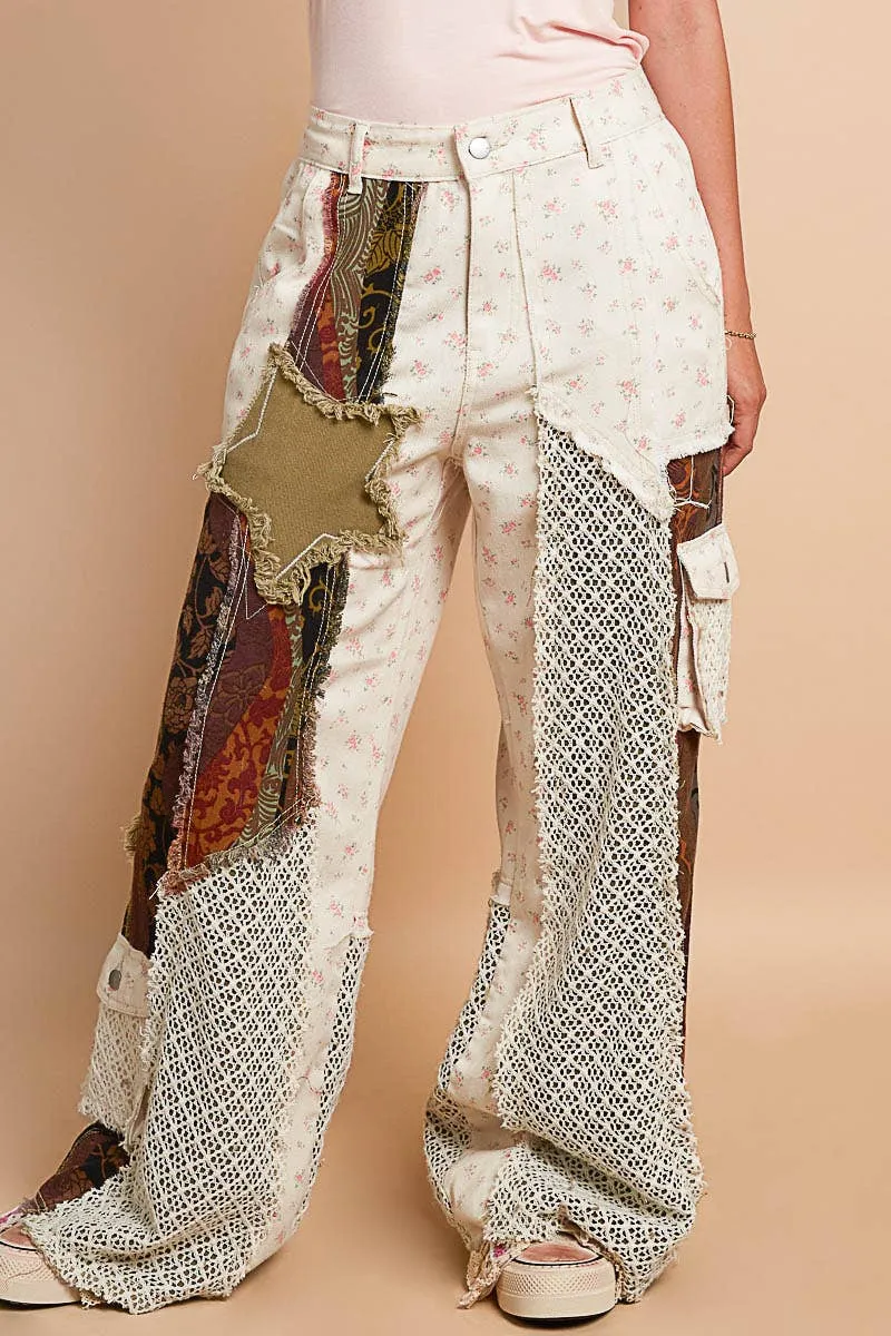 Printed patchwork detail woven twill pants: IVORY/REDBEAN MULTI