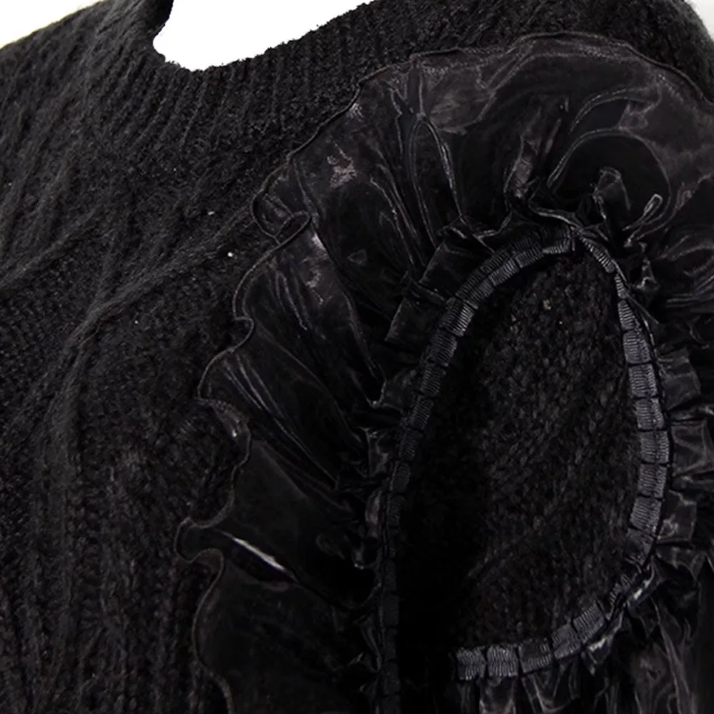 Punk Crew Neck Ruffle Detail Distressed Trim Cable Knit Oversized Sweater