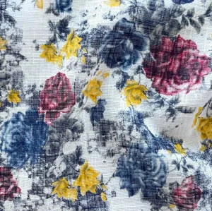 Semi-Sheer Denim, Raspberry & Daffodil Roses Linen (Made in Italy)