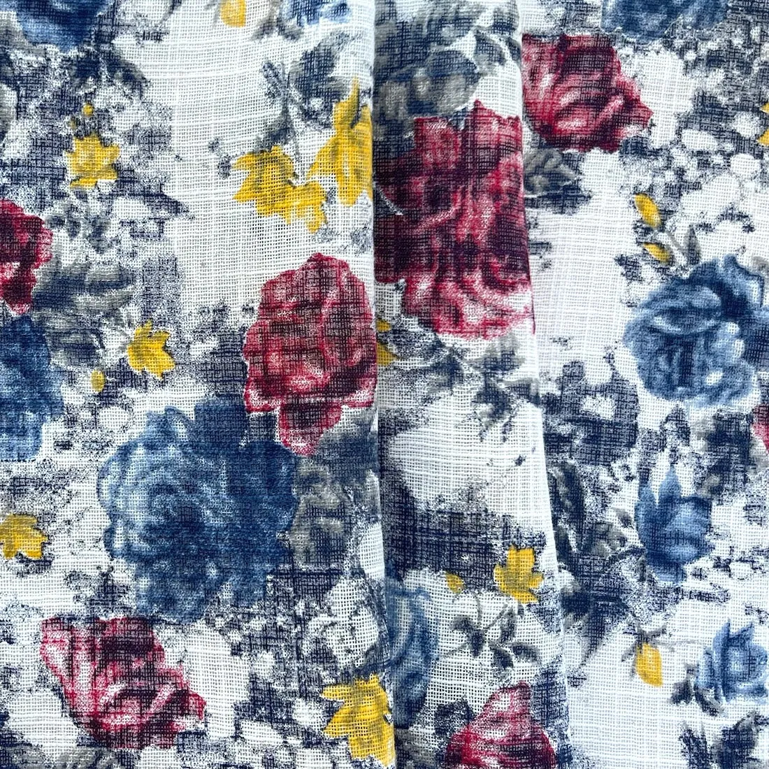 Semi-Sheer Denim, Raspberry & Daffodil Roses Linen (Made in Italy)