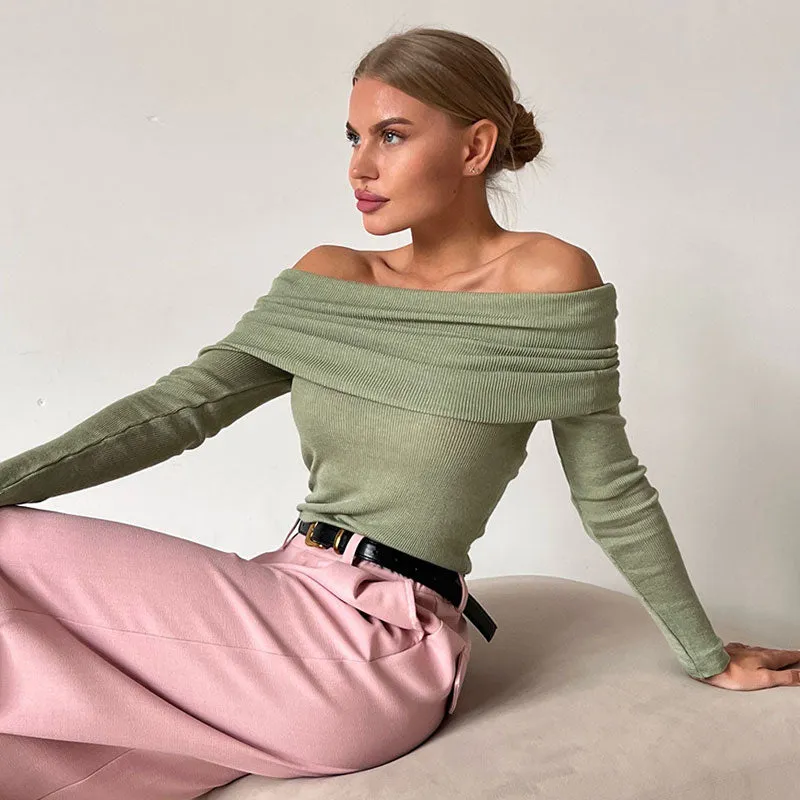 Sexy Draped Off The Shoulder Long Sleeve Wool Blend Semi Sheer Knit Sweater