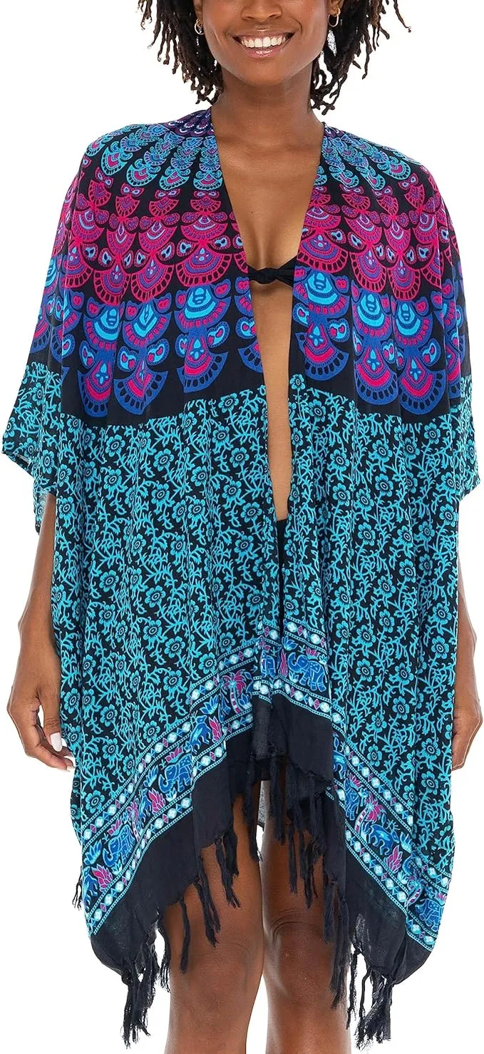 SHU-SHI Kimono Cardigans for Women - Short Beach Robe Boho Fringe Peacock Mandala