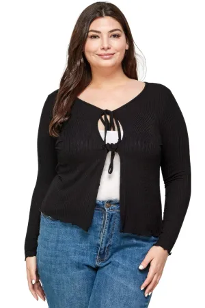 Solid Black Ribbed Pointelle Cardigan