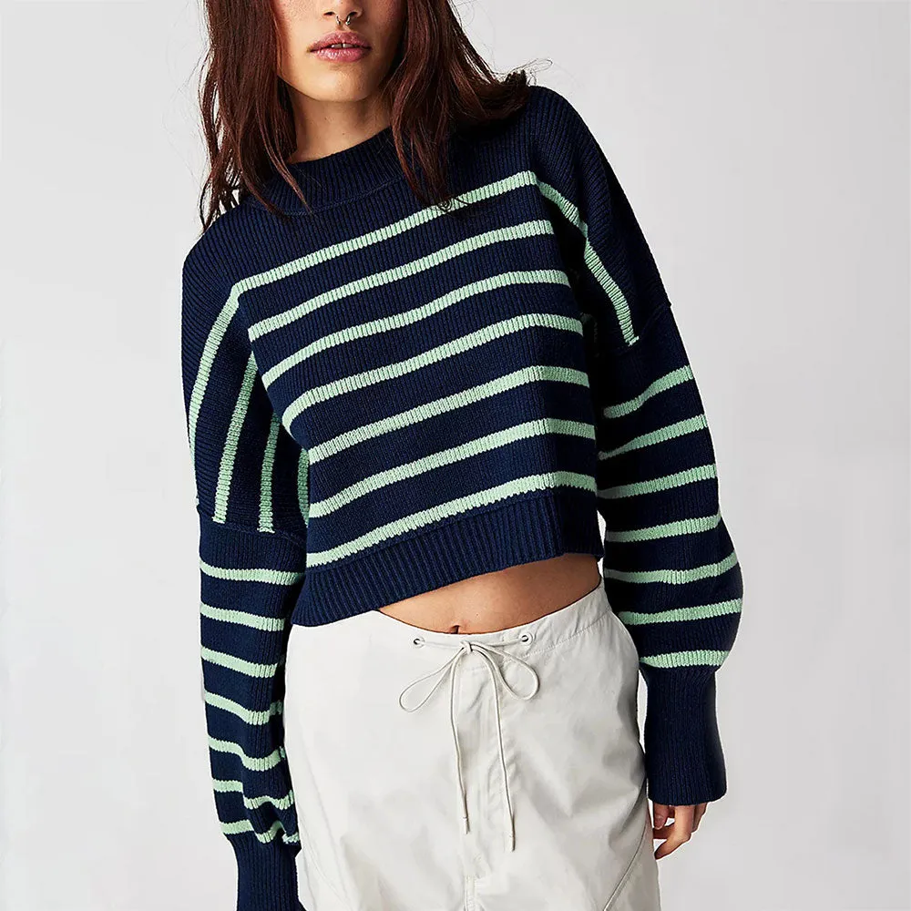 Vintage Contrast Stripe Inside Out Ribbed Knit Crop Oversized Sweater