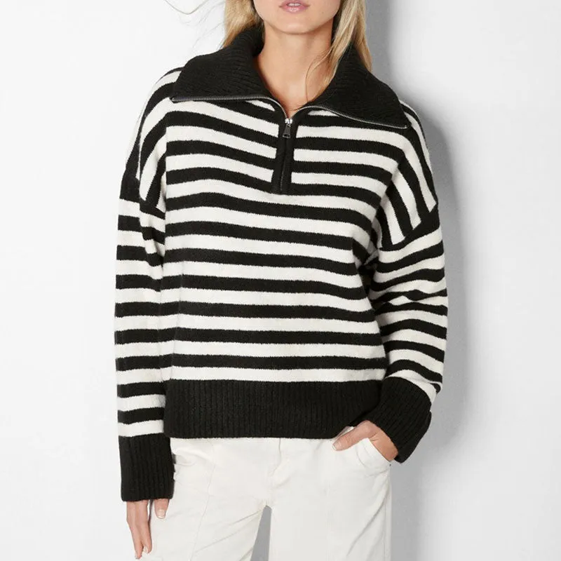 Vintage Rib Knit Oversized Collared Half Zip Up Long Sleeve Black and White Striped Sweater