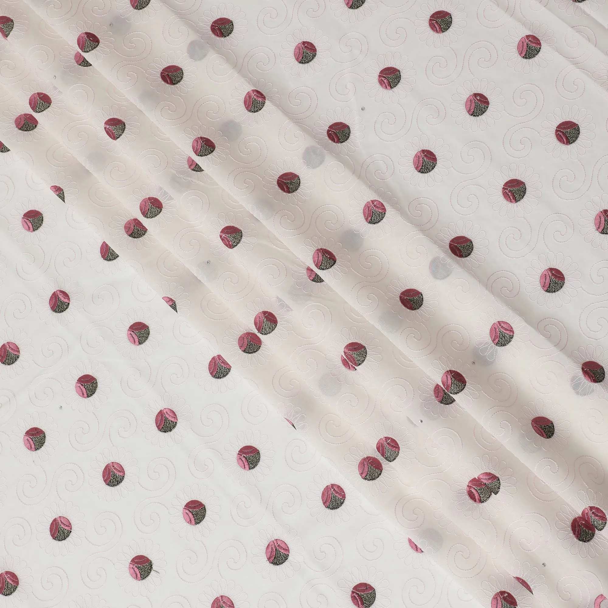 White Premium Swiss Cotton Voile Fabric with Burgundy Embroidered Accents - Traditional Thobe Material, 140 cm Wide-D20199